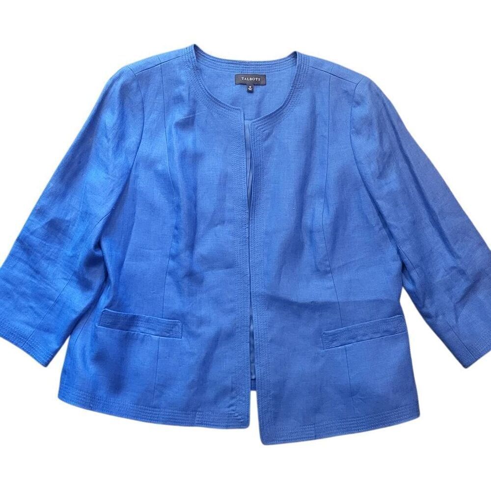 Talbots Jacket Women's 18 Cobalt Blue Linen Collarless Open Woven 3/4 Sleeve